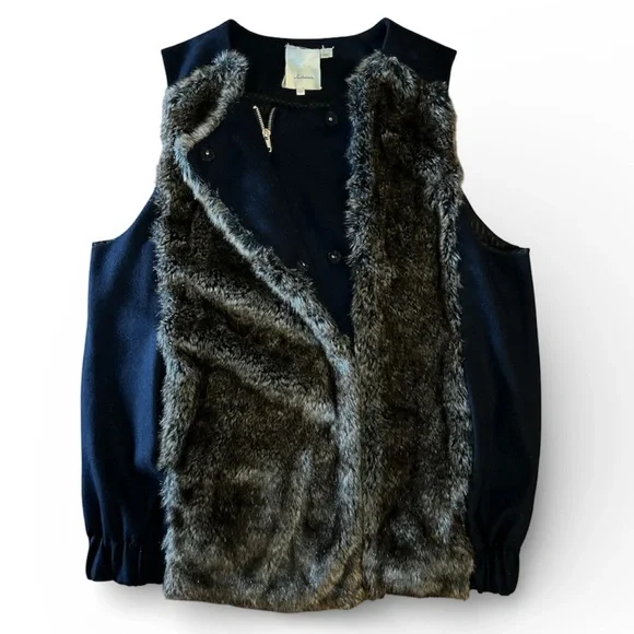 Elevenses Anthropologie Faux Fur and Navy Vest L - Picture 1 of 6